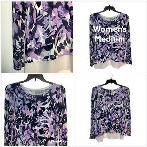 Women's Roz & Ali M Medium 8 - 10 Sweater Crew Floral Flowers Purple Colorful